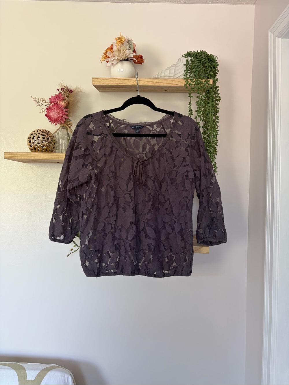 American Eagle Outfitters sheer floral lace peasant blouse